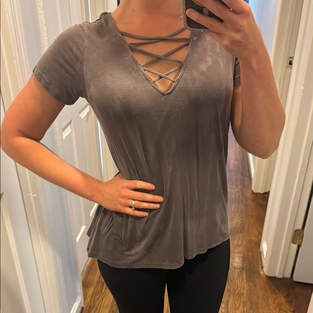 Gray Women's Top with Crisscross Detail American Eagle Soft and Secy